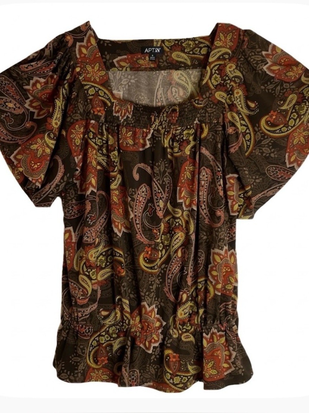 APT 9 Square Neckline Flutter Sleeves Top, Women’s M, Brown Orange Yellow